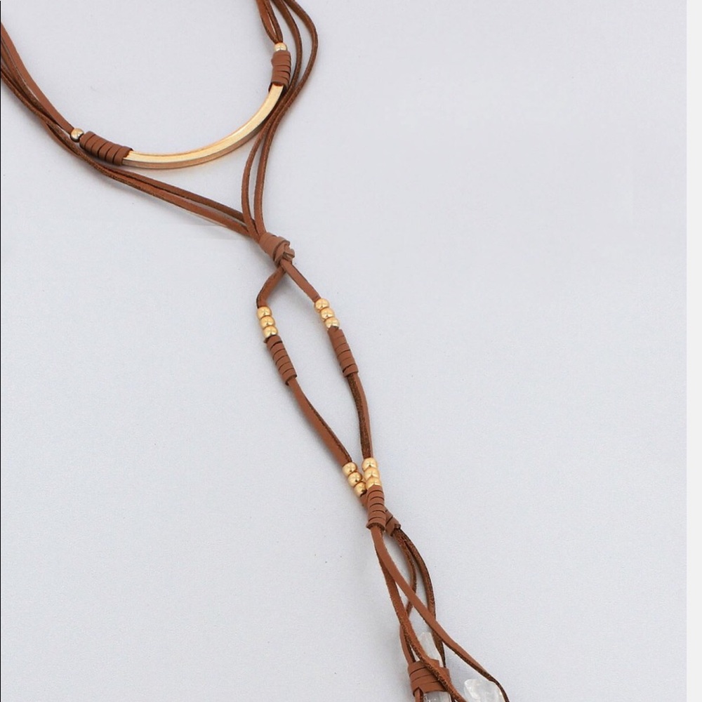 Faux Leather Gold Bar Quartz Tassel Necklace NEW